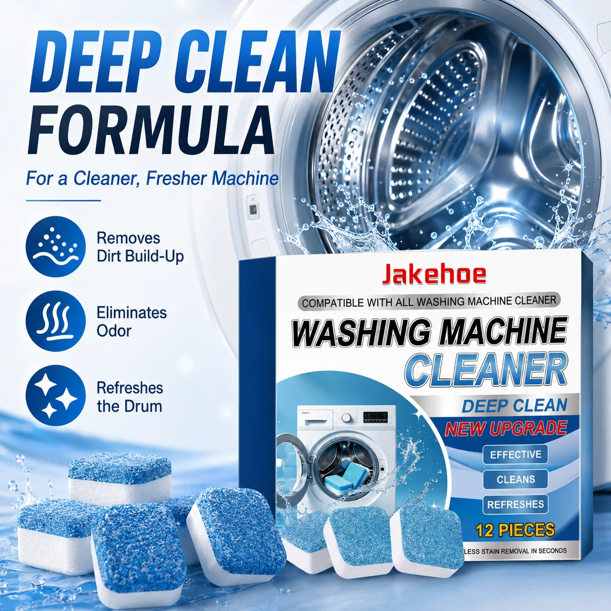 12PCS Washing Machine Cleaner Tablets, Deep Cleaning Washer Drum Cleaning Tablets for Front Load and Top Load Machines, Removes Residue and Odor