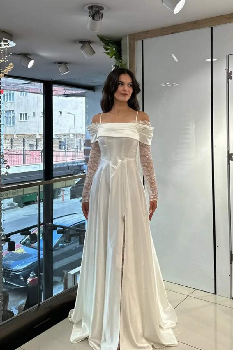 Jessica Occasioni formali Abiti da sera Maniche lunghe in pizzo Abiti da ballo A-line in raso da donna Abiti da gala personalizzati