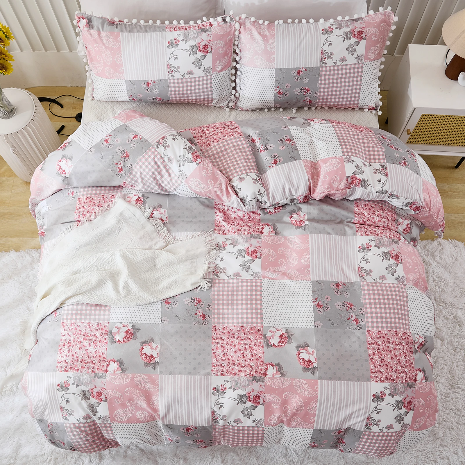 3PCS Pink And Purple Duvet Cover Set PomPom Comforter Cover Floral Bed set soft lightweight Down Bedding Set for All season