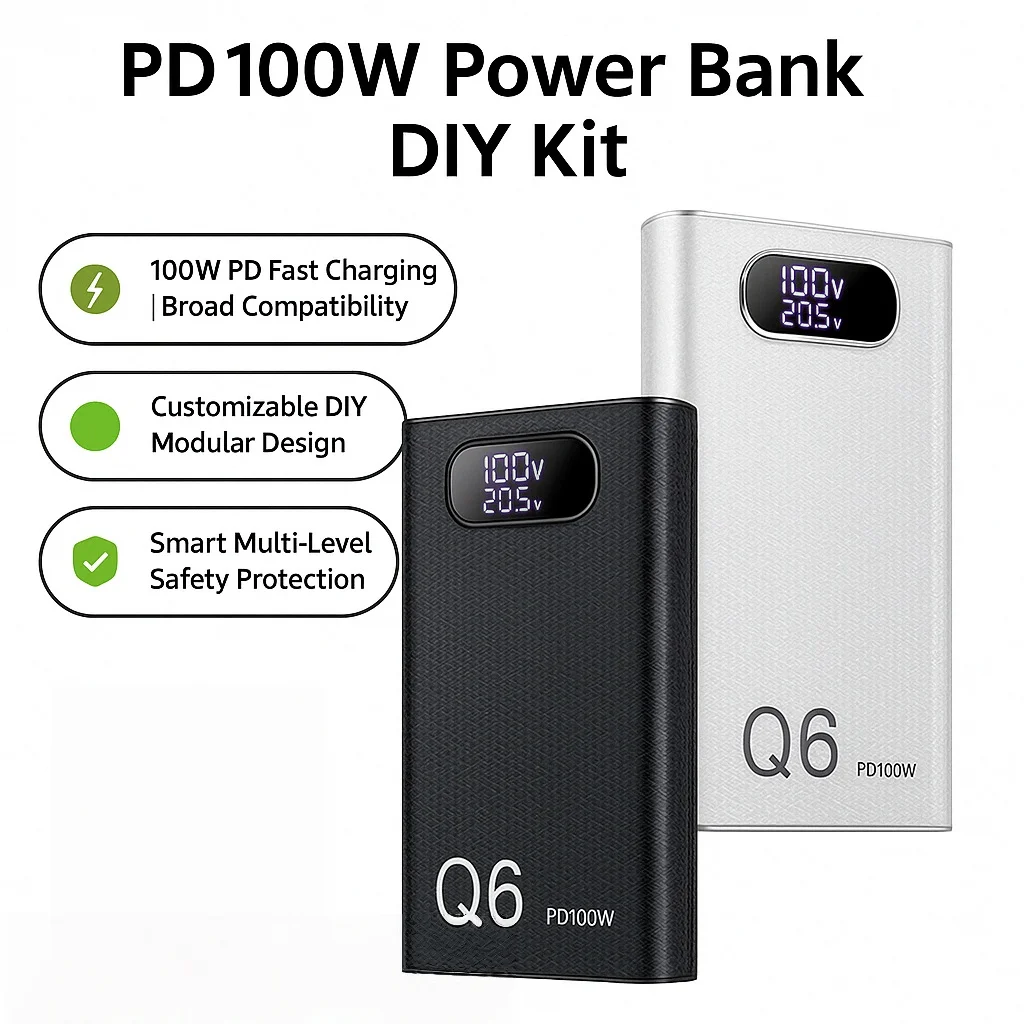 PD100W Fast Charging Power Bank DIY Kit 20V 5A 6x 21700 Battery Pack Portable Customizable No Soldering Easy to Assemble
