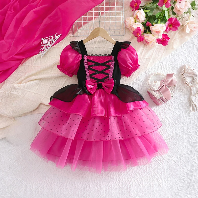 

Girls' Rose Red & Black Tiered Tulle Dress Lace Trimmed Halloween Cake-Layer Skirt Children's Party Costume