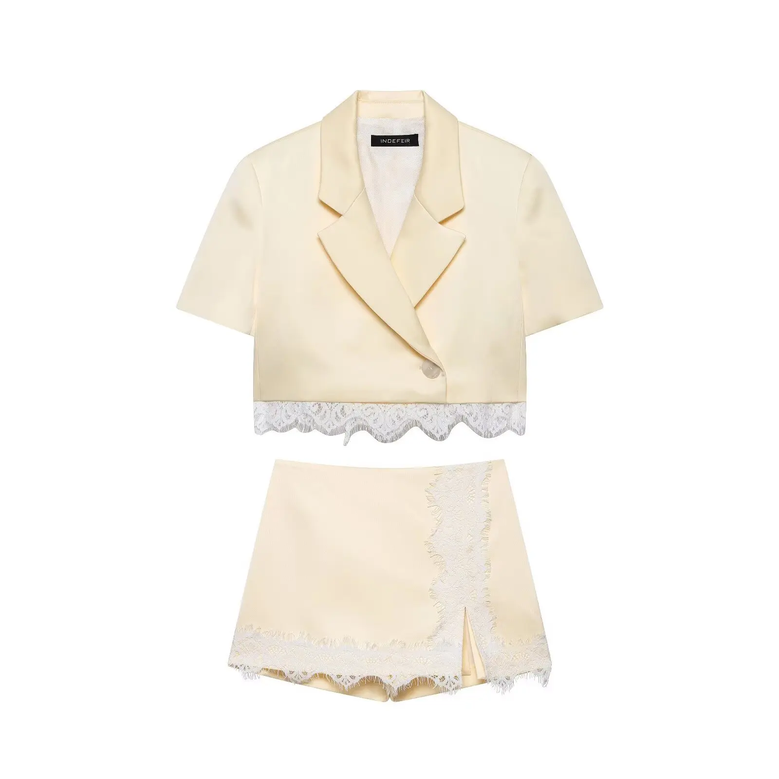 

2Pcs Women Summer Blazer Skirt Set High Waist Lace Patchwork Skorts Short Sleeve Cropped Jacket Asymmetric Chic Outfits