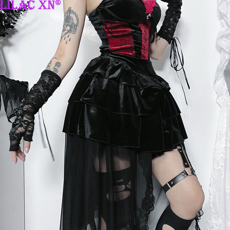 

Y2K Sexy Black Velvet Lace Trim High-waisted Mini Skirts Faldas Goth Vintage Aesthetic Layered A-Line Lolita Short Skirt Women