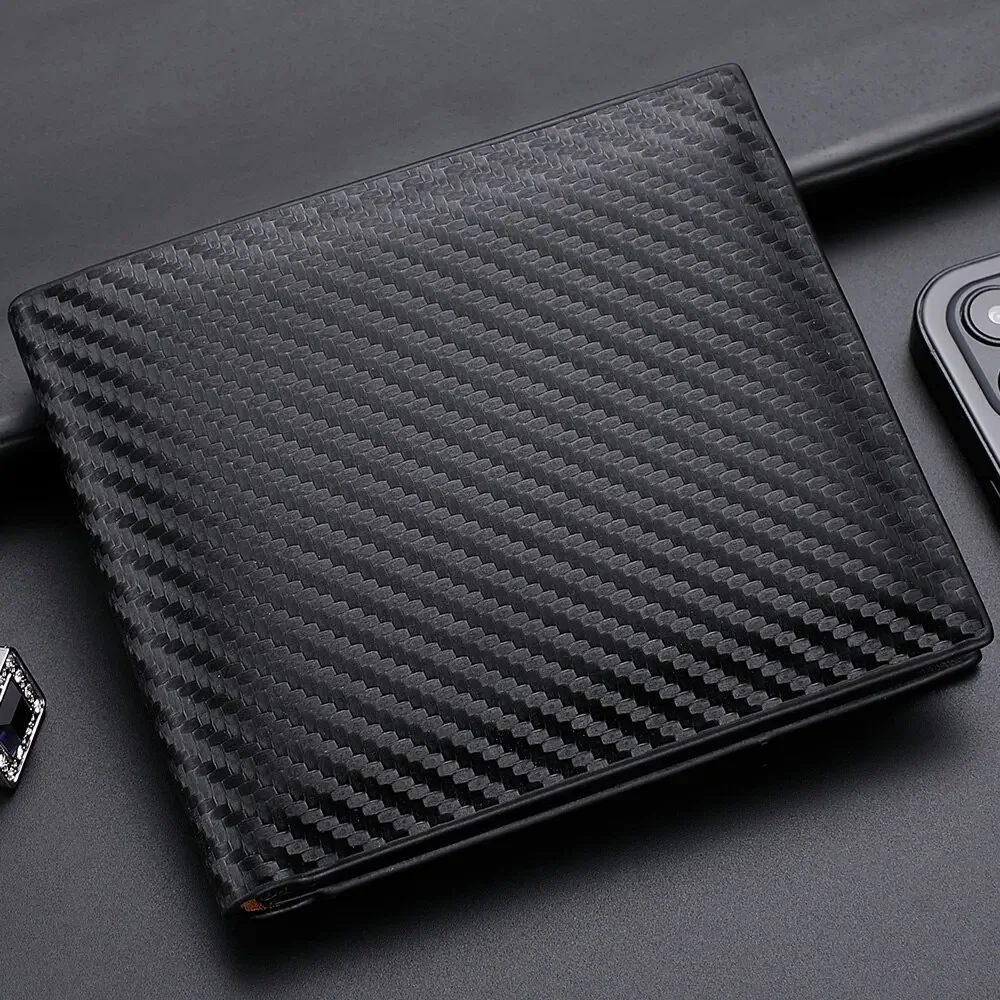 Nova carteira curta de fibra de carbono bolsa de cartão masculina com zíper integrado suporte para