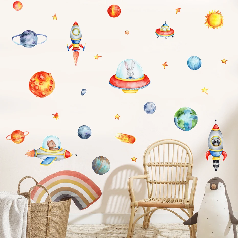 Cartoon Solar System Alien Astronaut Stars Wall Stickers for Kids Room Bedroom Reading Room Wall Decals School Nursery