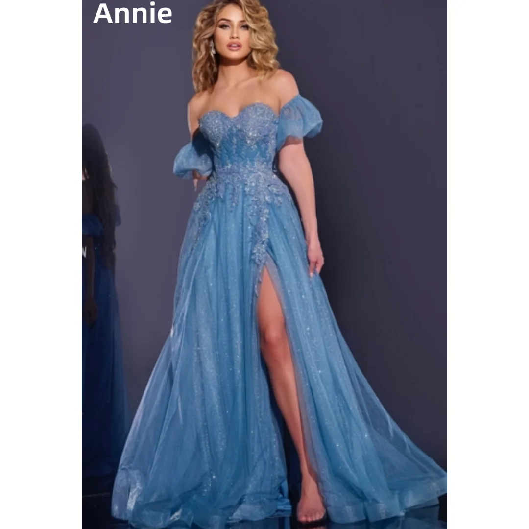 

Annie Blue Puff Sleeves Prom Dresses Блестящие кружевные вечерние платья с вышивкой из тюля с вьющимися боковыми разрезами Princess فساتين سهرة