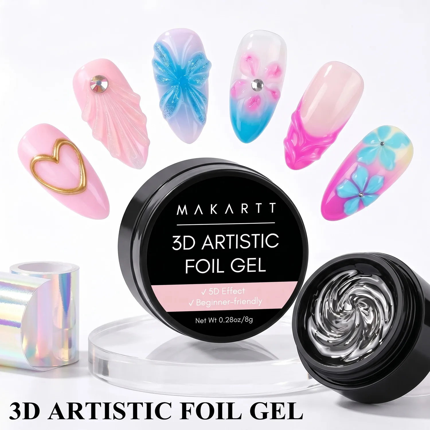 Hot deal: Makartt 3D Nail Gel 8ml Nail Foil Glue Transfer Gel Adhesive Linear Shell Ripple Chrome Nail Powder Art Designs UV LED Lamp