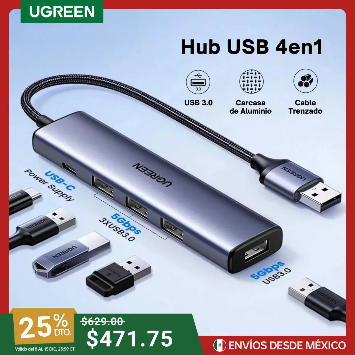 Ugreen Usb 3.0 to 4 Usb multi-function adapter Hub 3.0 - 20805