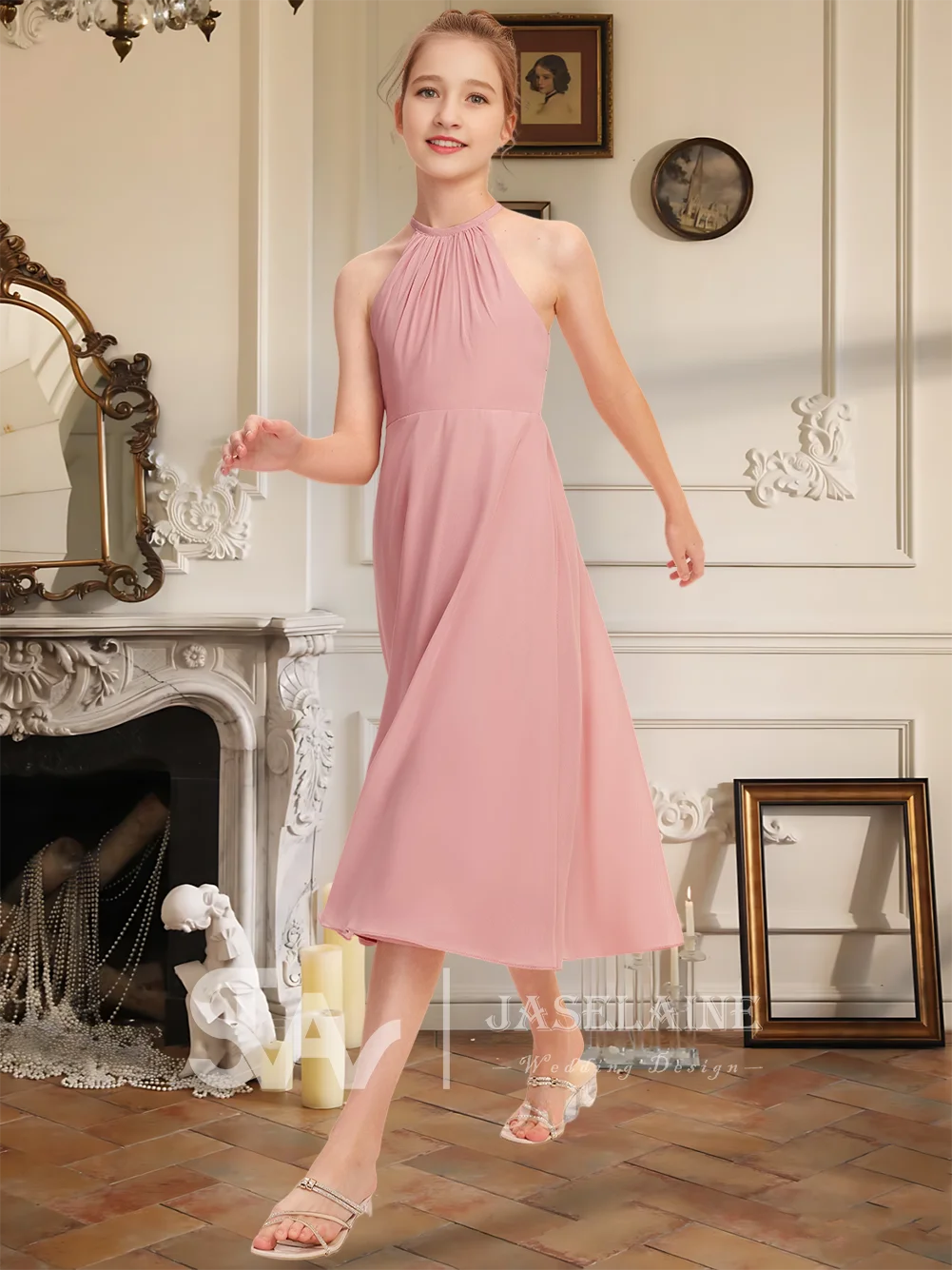 Blush A Line Halter Knee Length Chiffon Junior Bridesmaid Dress Sleeveless Back Zip Flower Girl Dress Wedding Party Formal