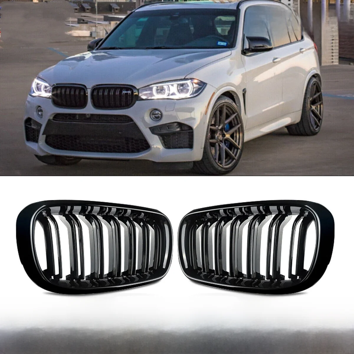 Für BMW F15 F16 X5 X6 F85 F86 2014-2018 Front Stoßstange Nieren Racing Grille Glänzend Schwarz Auto Doppel latten Grill