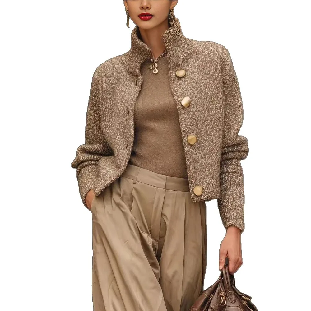 Heat Set Button Front Coat Slim Fit Commuter Chic with Long Sleeve High Neck Short Length Medium Weight Cardigan for Women
