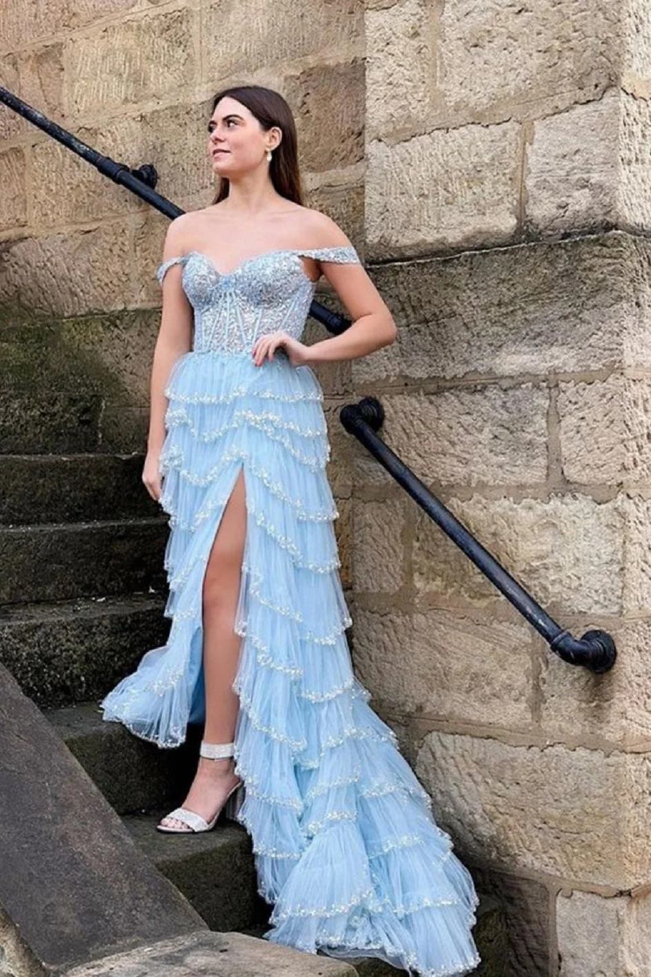 Top Fashion Off Shoulder Light Blue Lace Long Prom Dress with High Slit, Light Blue Lace Formal Dress, Layered Light Blue Evenin