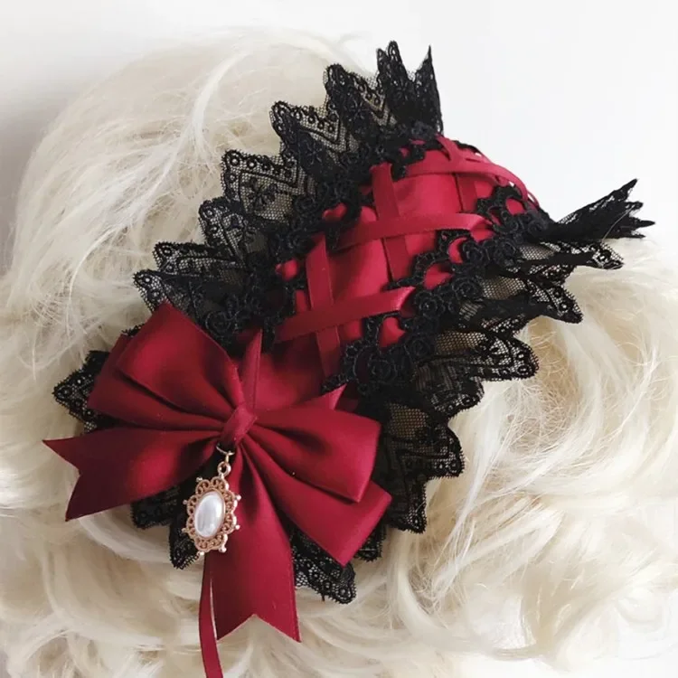Czerwona ciemna gotycka Lolita koronkowa opaska do włosów czarna nakrycie głowy Cosplay Anime włosy japońska dziewczyna biżuteria akcesoria na Halloween — zdjęcie 2
