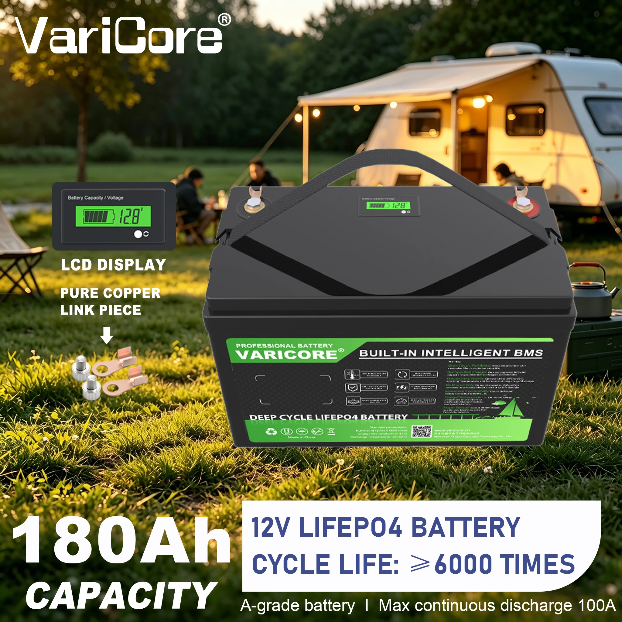 12V 180Ah LiFePO4 Batterie Varicore Wiederaufladbare Lithium-Batterie mit BMS-Schutz für Wohnmobil, Boot, Solarsystem, Camping, Notstromversorgung für Zuhause