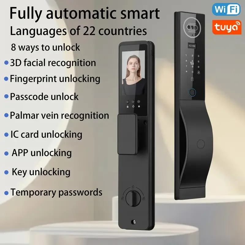 1 Fully Automatic Smart Door Lock with 8 Unlocking Methods (3D Face Recognition, Palm Vein, Fingerprint, IC Card, APP, Key, Temporary Password) - Large 4.5