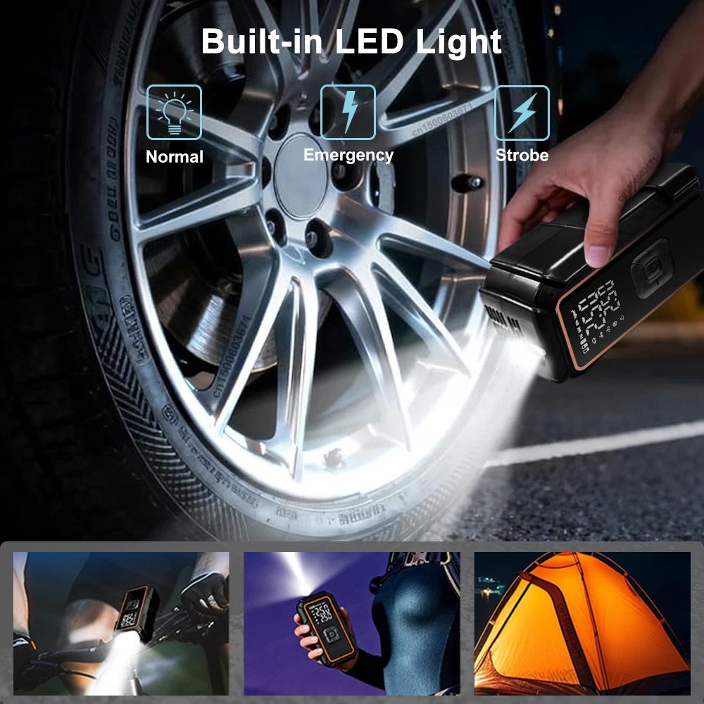 Inflador de Neumáticos, Compresor de Aire Portátil, Bomba de Aire para Automóvil, Inflador de Ruedas de Automóvil Eléctrico con Manómetro Digital, Luz LED, Mini Bomba de Aire Inalámbrica para Motocicleta, Bicicleta y Balones