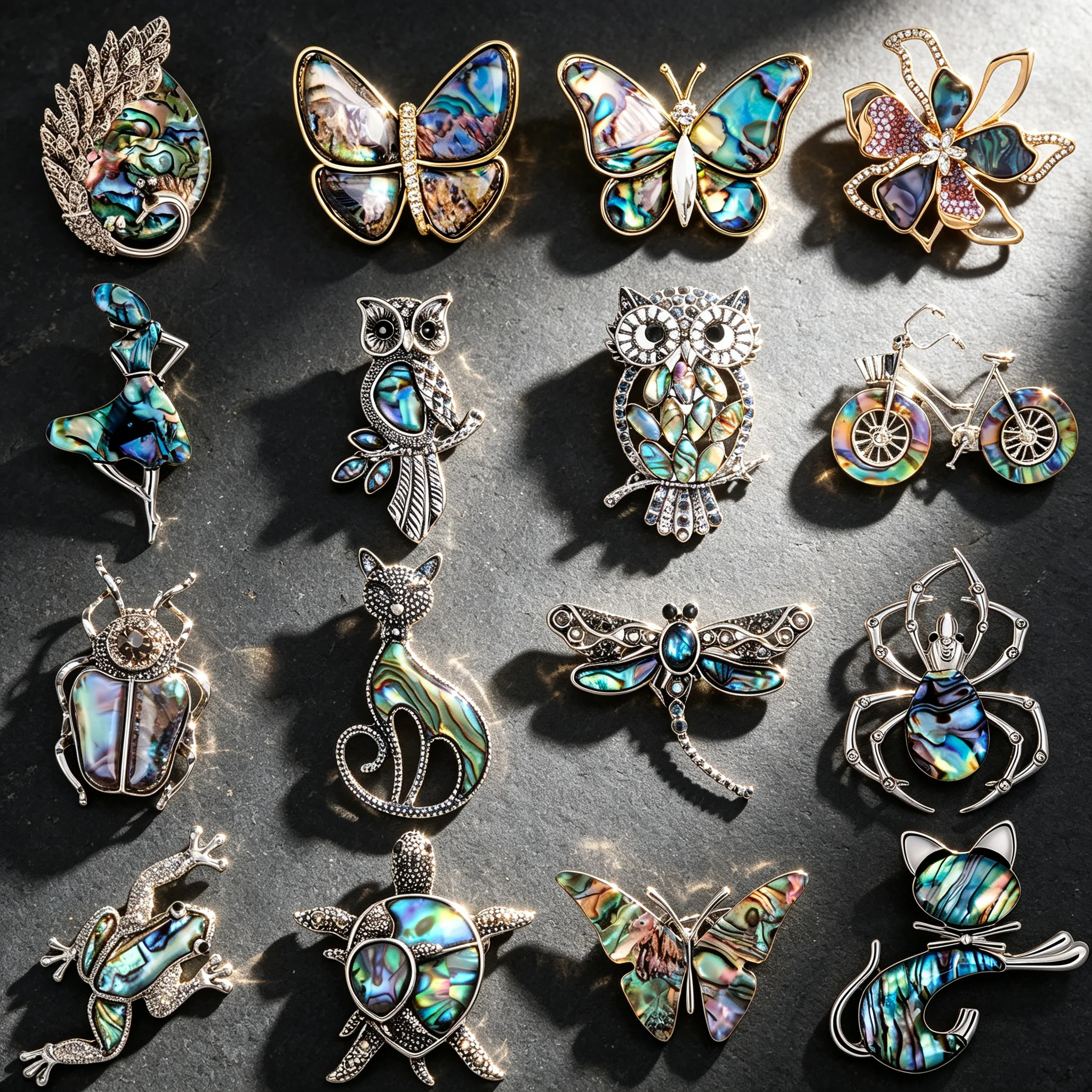Essh&Pule Natural Abalone Shell Brooch Vintage Animal Owl Butterfly Cat Pin Fashion Jewelry for Women Clothing Accessories Gift