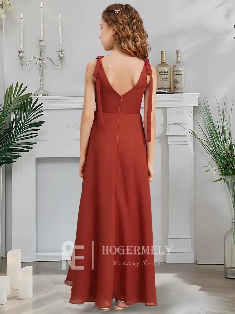 Дизайнерское платье трапециевидной формы для юных подружек невесты, платье с цветочным узором для девочек, с v-образным вырезом, длиной до пола, из шифона, для сада, гала-вечеринки