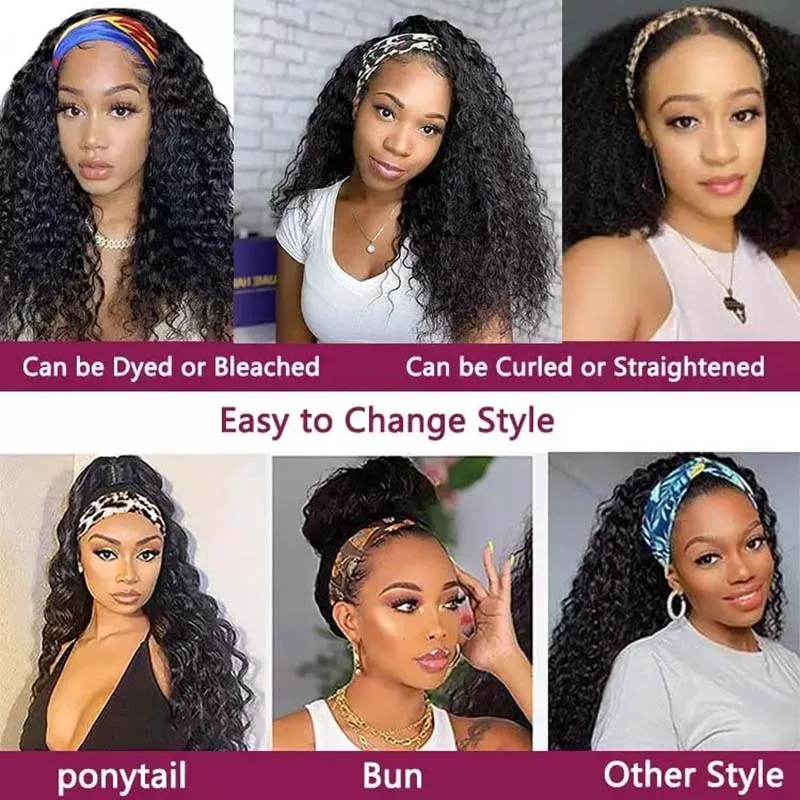 Headband Wig Human Hair Wigs 22 Inch Wear and Go Glueless Wig Curly Deep Wave Headband Wig Natural Color image 6