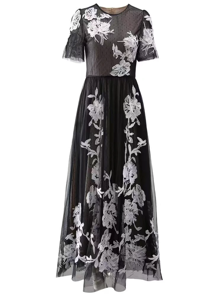 

Embroidery Sequins Elegant Dress Women 2024 O-Neck Floral A-Line Princess Style Long Sexy Party Club Summer