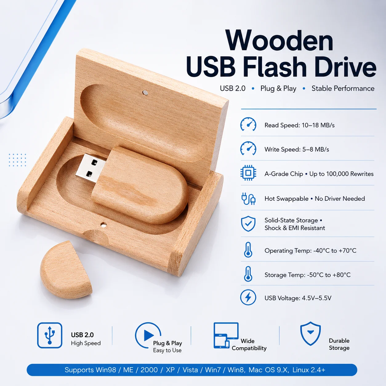 16GB Wooden USB Flash Drive with Gift Box, USB 2.0 Memory Stick, Plug & Play Thumb Drive, Portable Data Storage for Photos
