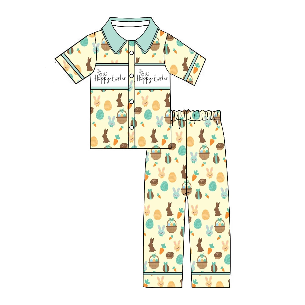 Boutqiue Easter Children's Collared Clothes with Bunny Print and Heart-Shaped Pocket Set for Girls Easter Pyjamas