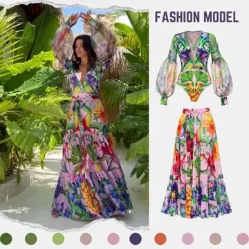 Women Swimwear V-neck Long Sleeve Flowers Printed One Piece Swimsuit and Skirt  Beachwear Bathing Suit bikini Two piece