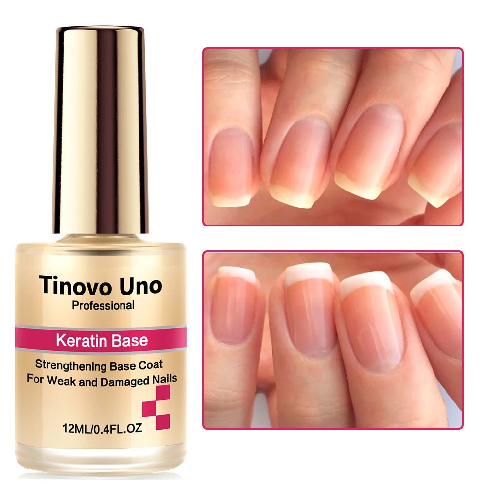 Tinovo Uno Keratin Base Coat, Fortalecedor de unhas para unhas danificadas fracas, 12ml, Air Dry, Enchimento Orgânico de Ridge, Tratamento de esmalte