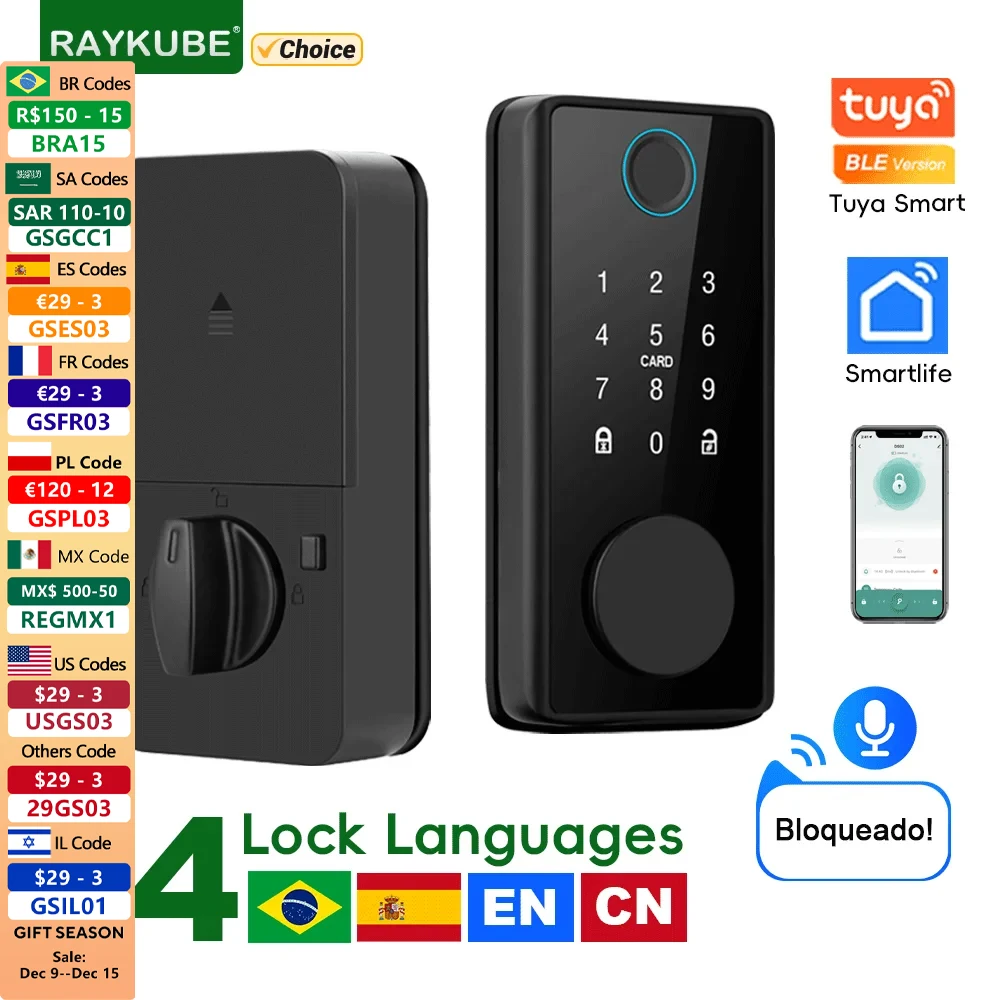 

RAYKUBE DS01 4-language Tuya Bluetooth Smart Fingerprint Deadbolt Lock with Latch/Door Sensor Key/Password/Card/ Tuya APP Unlock