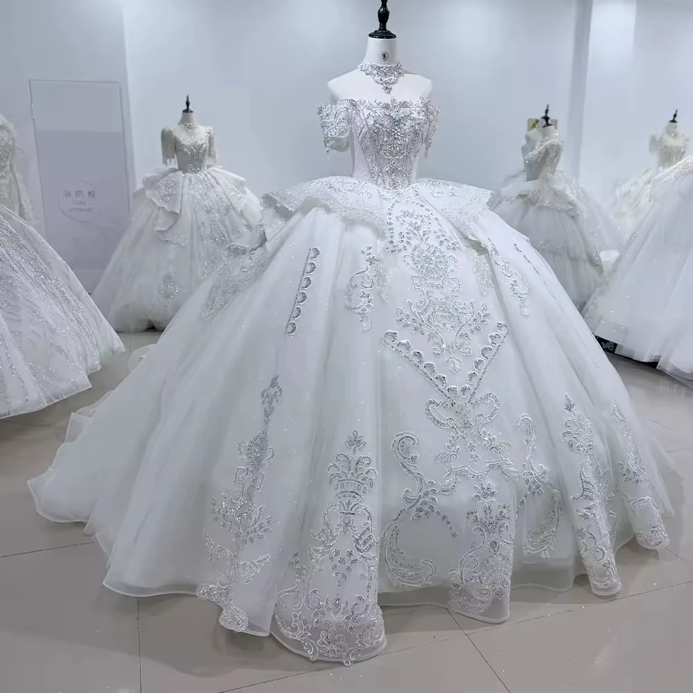 платье свадебное женское Off Shoulder Strapless Wedding Dress Lace Up Back Sequined Beading Embroidery Ball Gown Bridal Dress