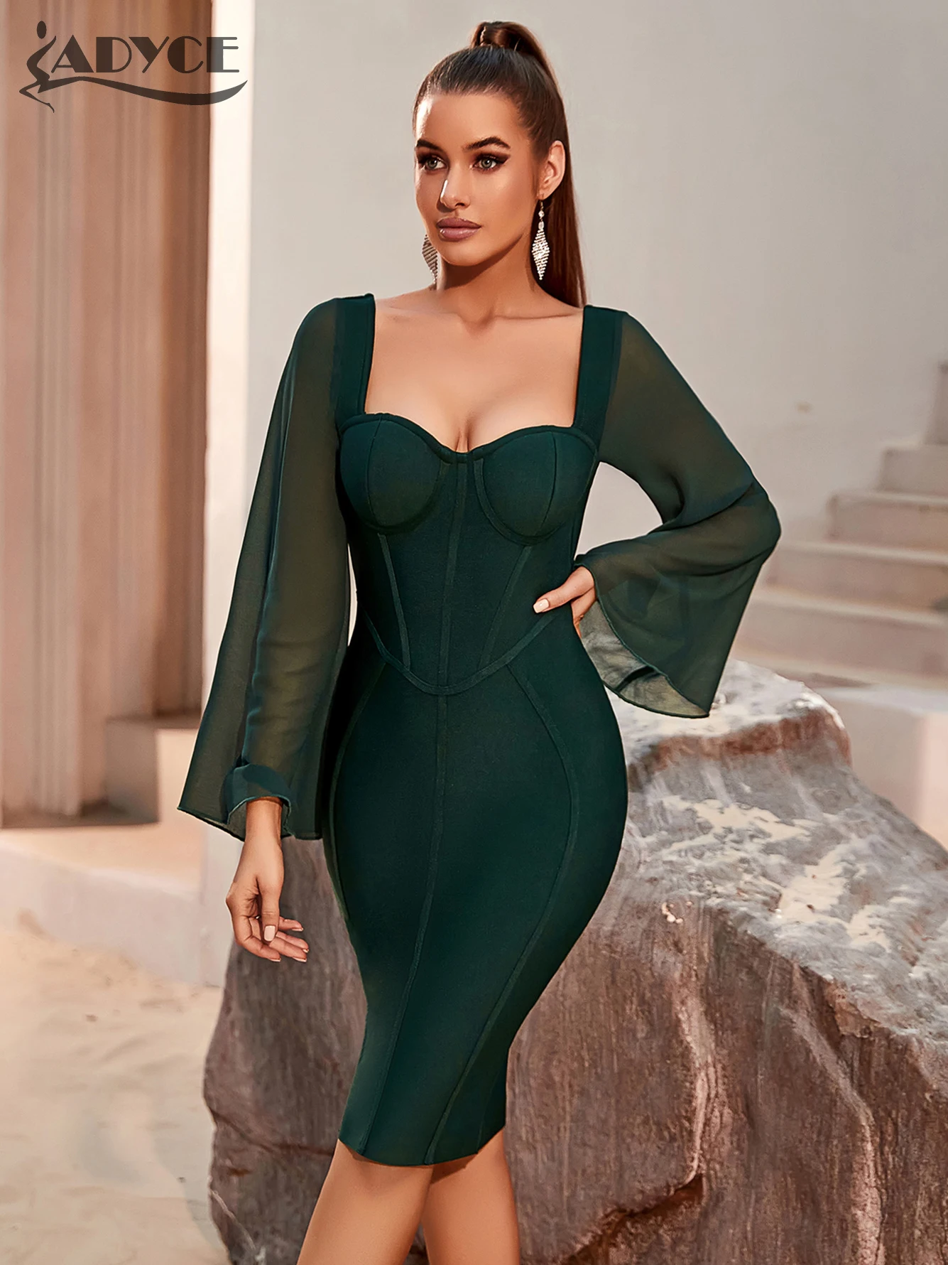 Adyce 2024 New Summer Women Bandage Dress Sexy Flare Sleeve Green Mesh Midi Dress Vestidos Elegant Celebrity Evening Party Dress