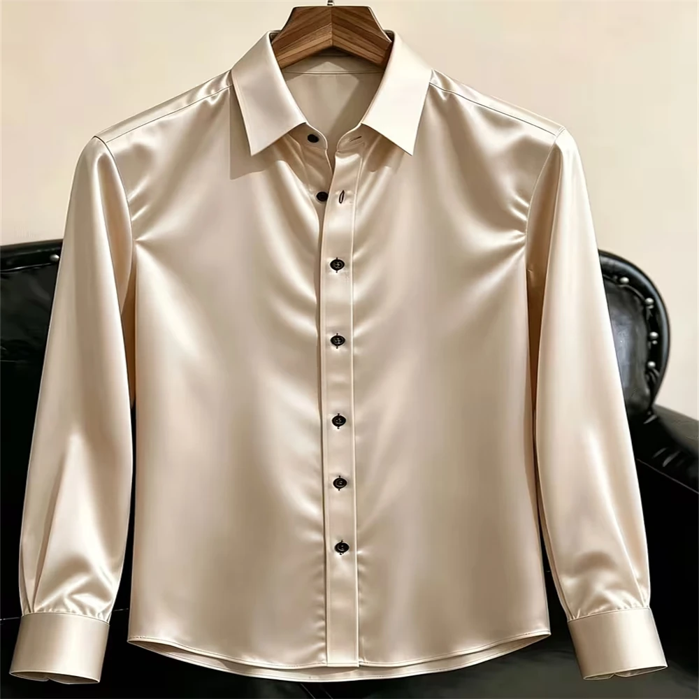 2026 New Men Satin Shirt Long Sleeve Smooth Glossy Solid Color Slim Fit Business Wedding Party Formal Dress Shirts Male