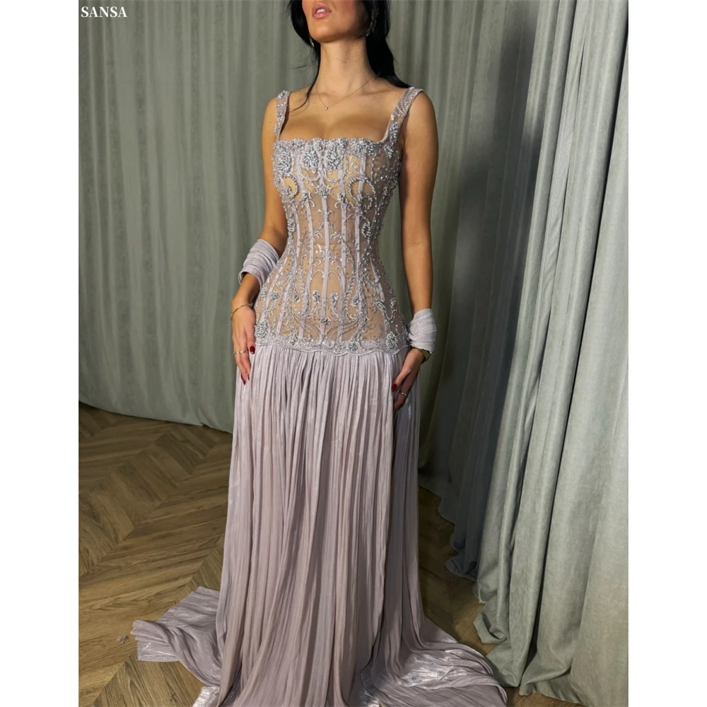 Sansa personalizado empoeirado lilás a linha beading plissado vestido de baile com xale sem mangas vestidos de noche até o chão vestido formal