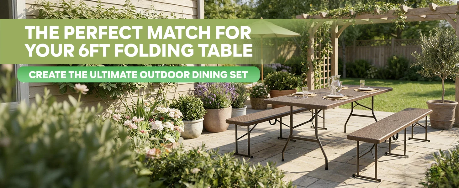 Klappbarer Tisch + 2 Bänke Set 180cm, Outdoor Campingmöbel HDPE Rattanoptik, Eisenrahmen, Tragfähigkeit 150kg/400kg, Klappbar Für Garten Terrasse Picknick – Detail 1
