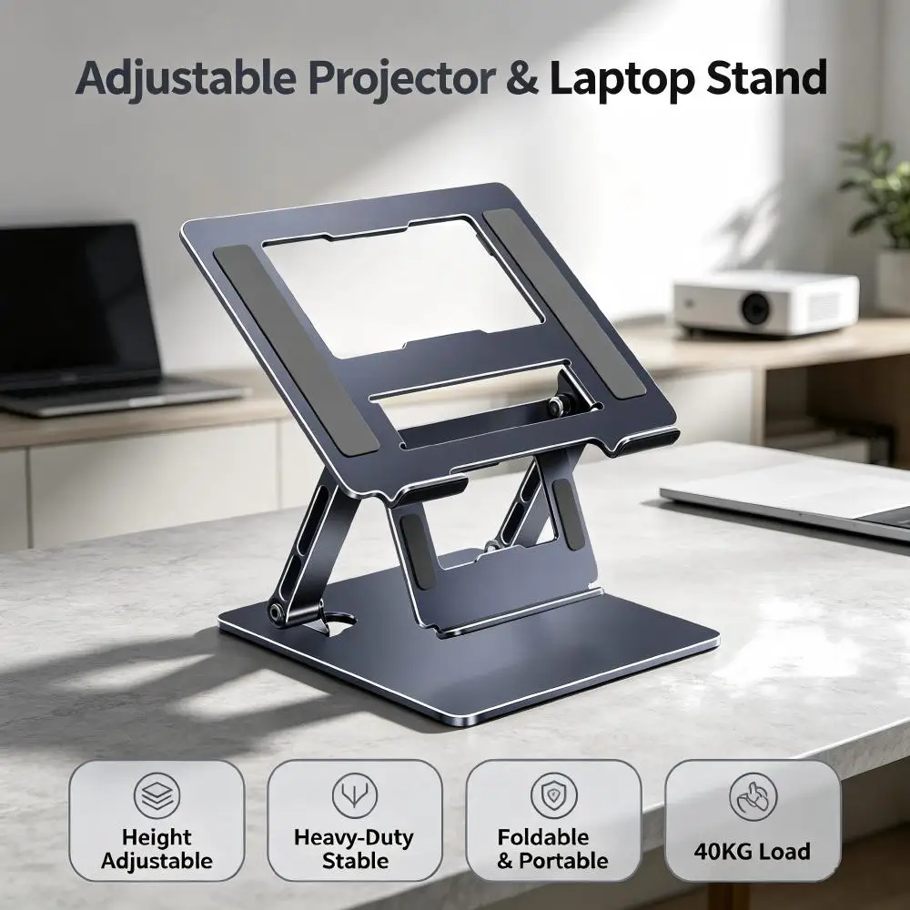 Supporto regolabile per proiettore e laptop, resistente fino a 40 kg, realizzato in acciaio al carbonio, con base da scrivania e sistema di bloccaggio idraulico, supporto ergonomico pieghevole per