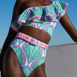 Blue Fashion Youth Oblique Shoulder Asymmetrical Design Flanged Split Belt High Waist Women 2023 Summer Bathing Suit Bikini Set