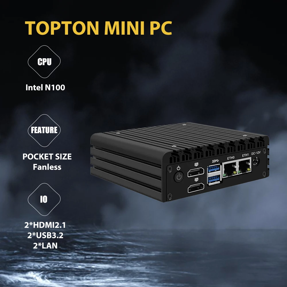 Topton X86 Fanless Mini PC Intel N305 Quad Core 2x i226-V 2.5G Nics Industrial Soft Router Firewall Computer 2xUSB3.2 2*HDMI2.1