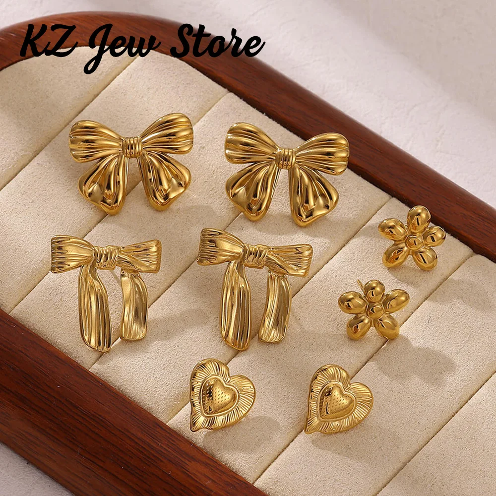 

Elegant Party Festival Earrings For Women Gold Color Stainless Steel Bow Heart Sweet Ear Piercing Jewelry Romantic Accessories