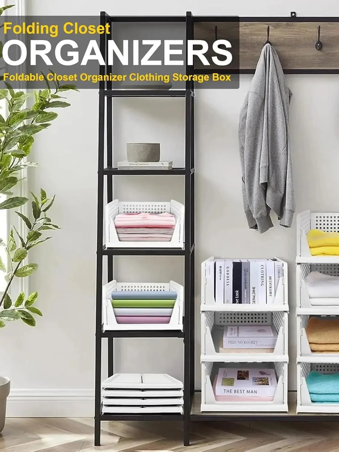 4-5 Pack Foldable Wardrobe Storage Boxes Stackable Closet Organisers for Clothes, Bedroom, Laundry, Bathroom, Space Saver Rack