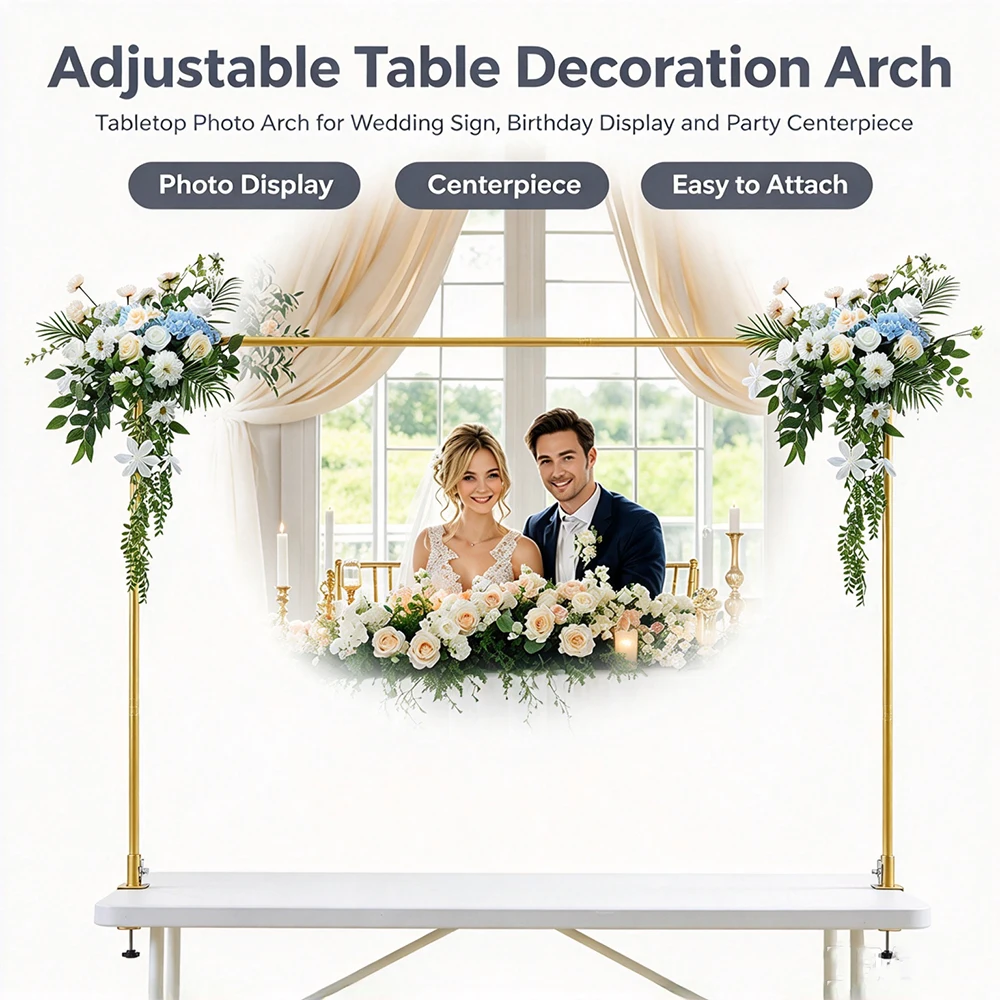 Supporto ad arco regolabile in metallo dorato per tavolo, 108-250 cm, struttura decorativa da tavolo estensibile, arco riutilizzabile senza attrezzi per decorazioni di matrimoni, feste di compleanno e