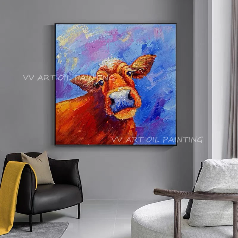 Cow cute animal large size canavs sea hand-painted colorful oil paintings on canvas wall decoration gifts no framework