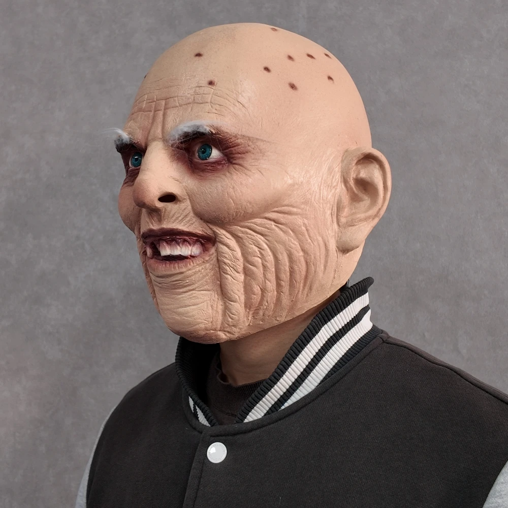 Realistyczna maska horroru z pokrytą zmarszczoną twarzą starego mężczyzny, straszny kostium na Halloween z łysą głową, rekwizyt do cosplayu, akcesorium na imprezę w nawiedzonym domu.