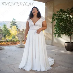 EVON BRIDAL Chiffon A-Line Wedding Dress Plus Size Double V-Neck Lace Robe De Mariée Bride Gowns Short Sleeves Custom Made