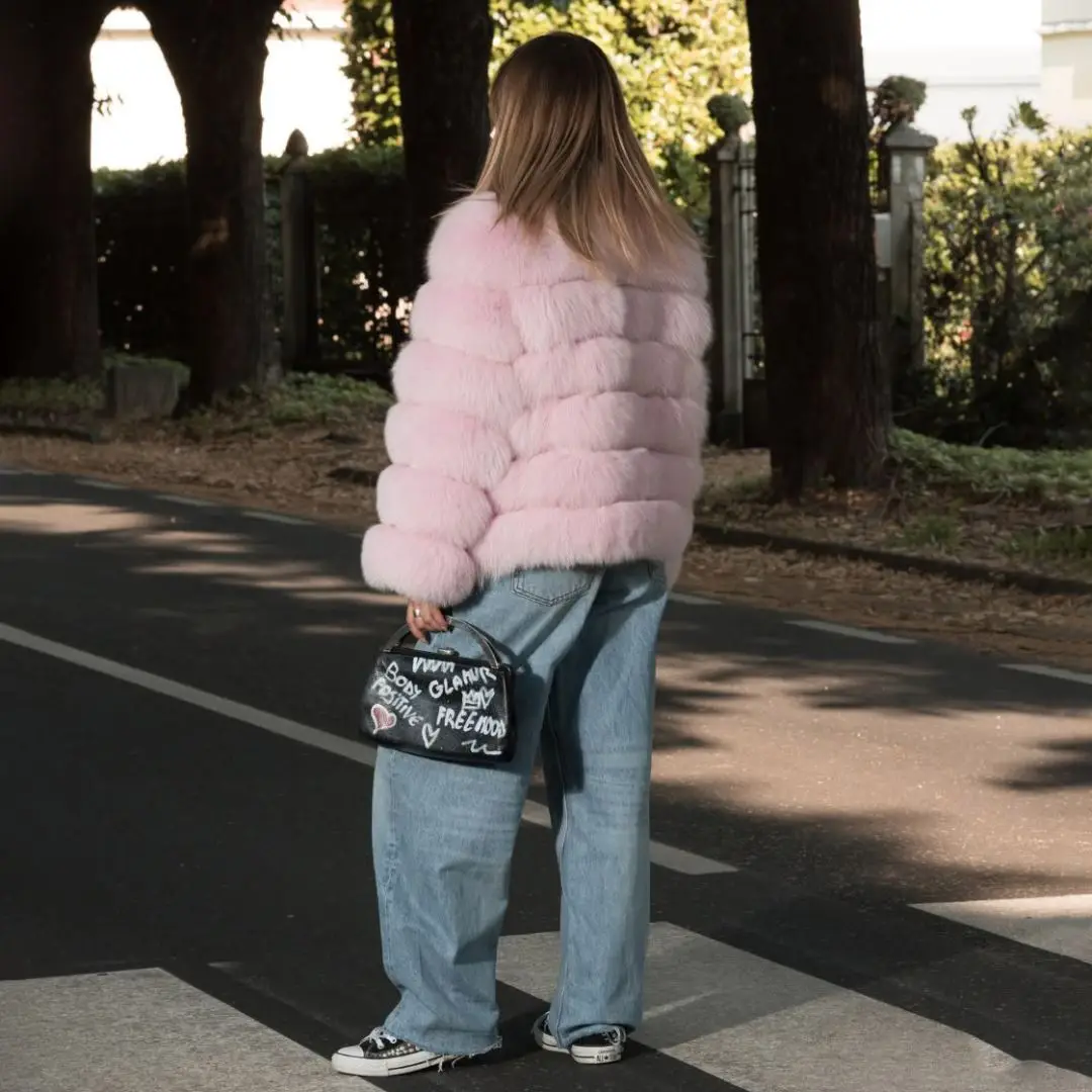 New Fashion Sky Blue Genuine Fox Fur Jacket Stand Collar Long Sleeve Winter New Trendy Woman Natural Fox Fur Coat Outwear Luxury