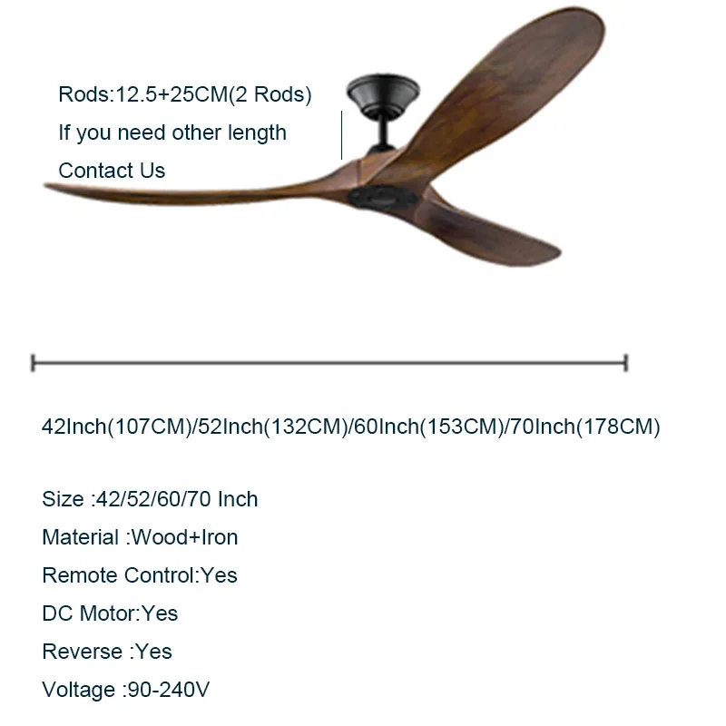 52 60 70 Inch Ceiling Fan Industrial Vintage Wooden Ventilator No Light Remote Control Decorative Blower Wood Retro Large Fans