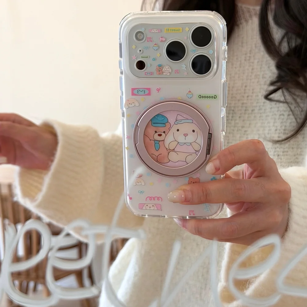 Cute Cartoon Bear Sweet Phone Case for iPhone 18 Pro 16 Max 15 16 17 18 Pro Max Cover With MagSafe Holder Kawaii Anti‑Drop Cases