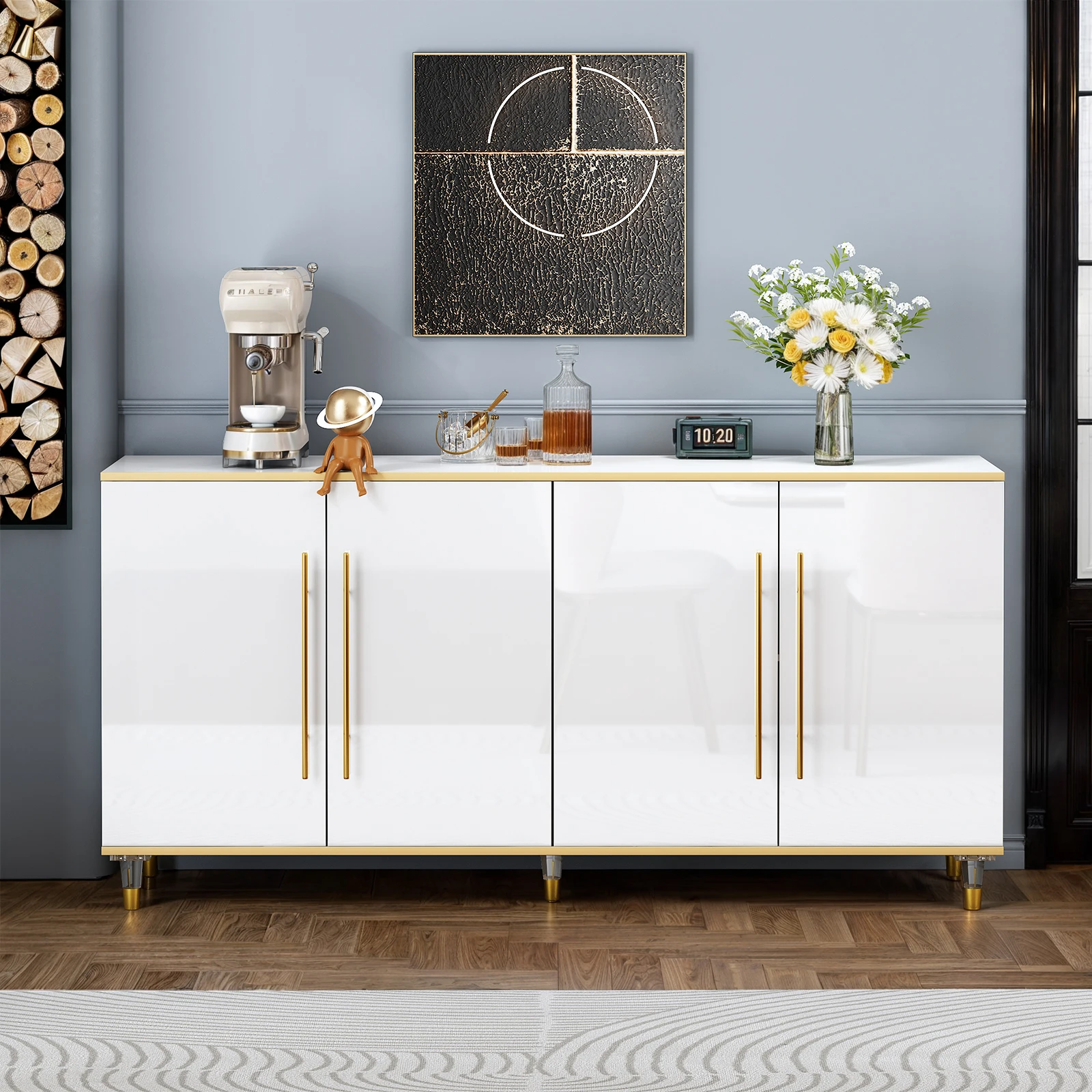 63" Buffet Cabinet with Storage,High Glossy Sideboard Cabinet with Adjustable Shelves & Doors,Modern Storage Console Table image 3