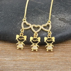 AIBEF Cute 3 Girl Heart Gold Plated Pendant Women Copper Zircon Kid Necklace Exquisite Jewelry Daily Wear Choker Link Chain Gift