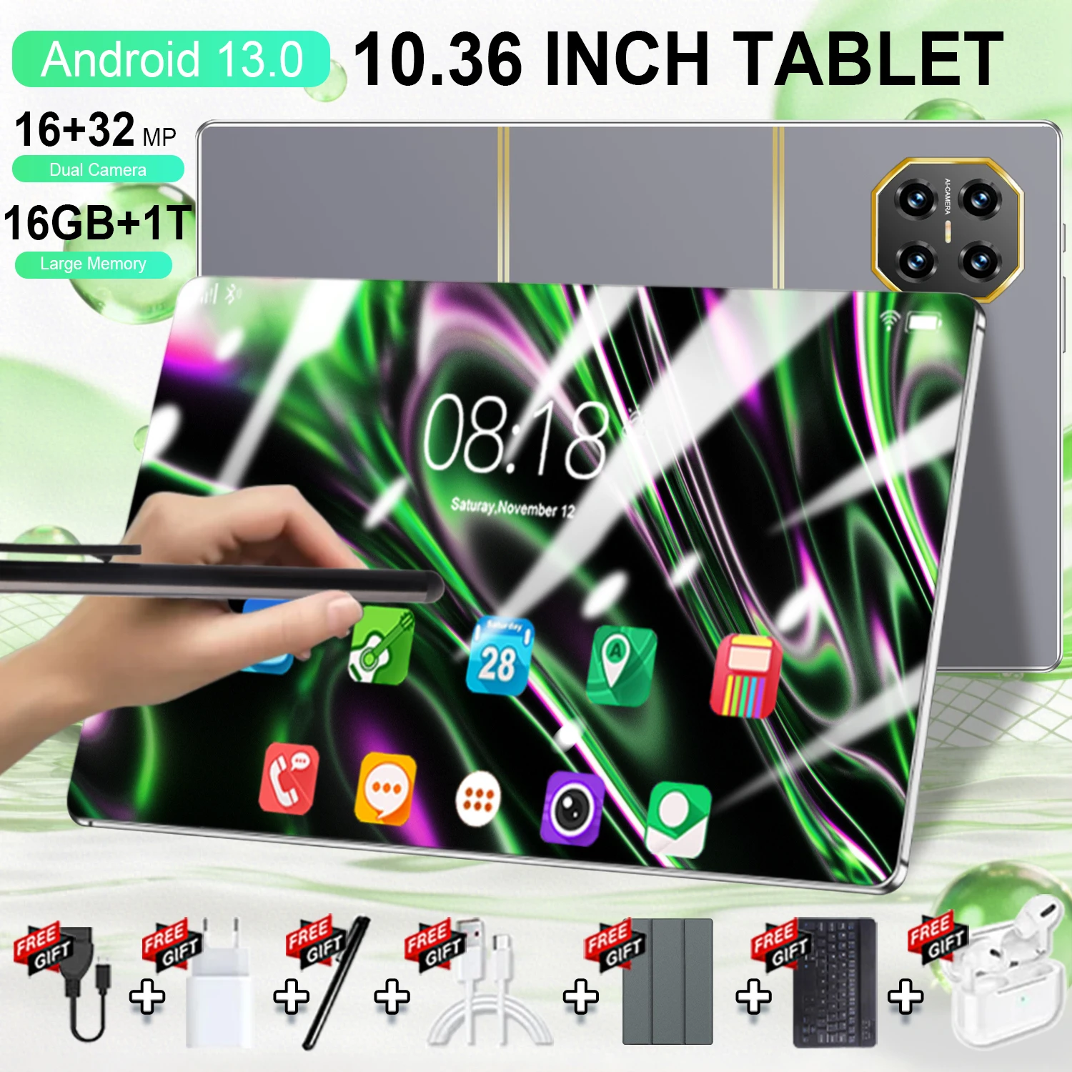Tableta PC de 10,36 pulgadas, Android 13.0, procesador de 14 núcleos, 16 GB de RAM, 1 TB de ROM, pantalla HD IPS, batería de 20000 mAh