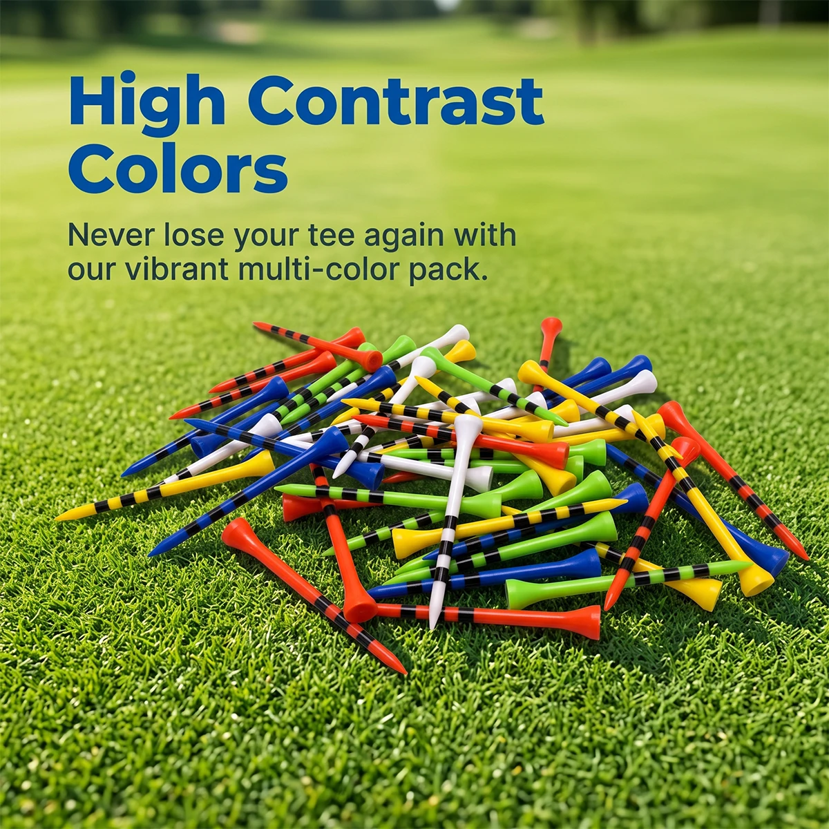 Multi-Colored Golf Tees with Rounded Heads for precise Height Control; a 50-Piece Mixed-Color Set Available in Two Size Options.